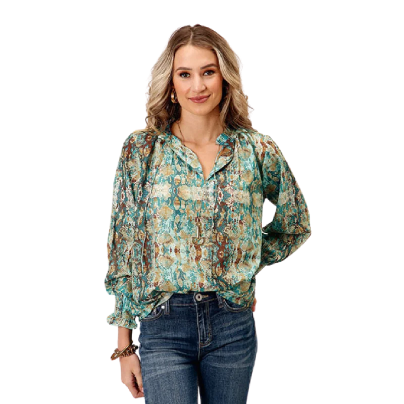 Roper Women's Poly Teal Snake Print Blouse Classic White Blouse