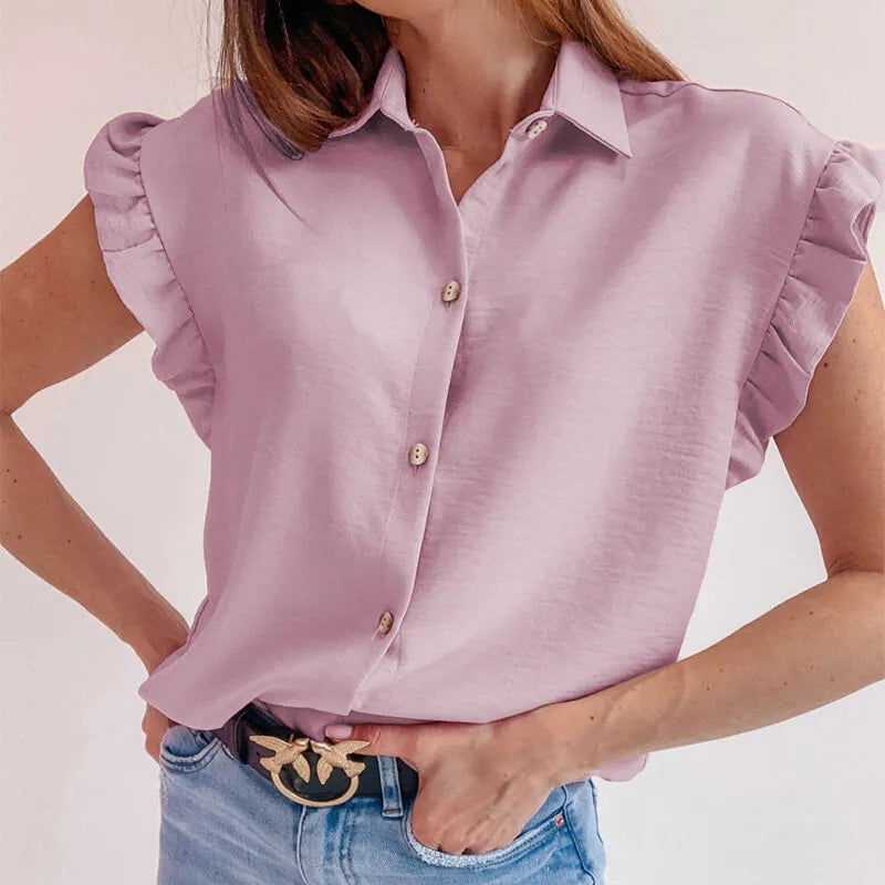 Women Fashion Solid Color Sleeveless Ruffled Blouse Balloon Sleeve Blouse