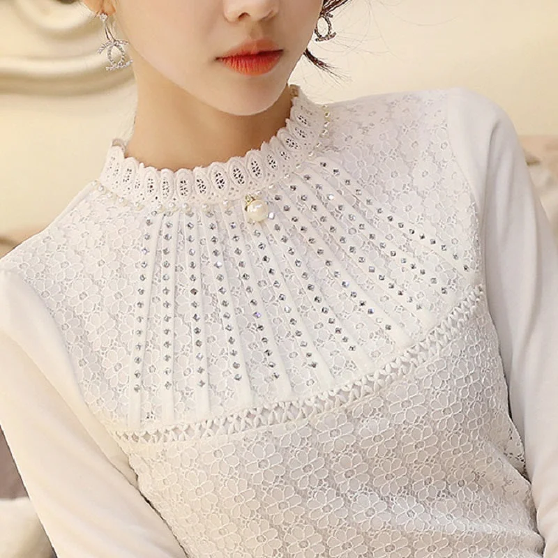 Women Winter Warm Diamond Lace Blouses 2017 Fashion Elegant Hot Drilling Ladies Plus Velvet Long Sleeve Chiffon Blouse Shirt Side Tie Blouse Women Winter Warm Diamond Lace Blouses 2017 Fashion Elegant Hot Drilling Ladies Plus Velvet Long Sleeve Chiffon Blouse Shirt Side Tie Blouse