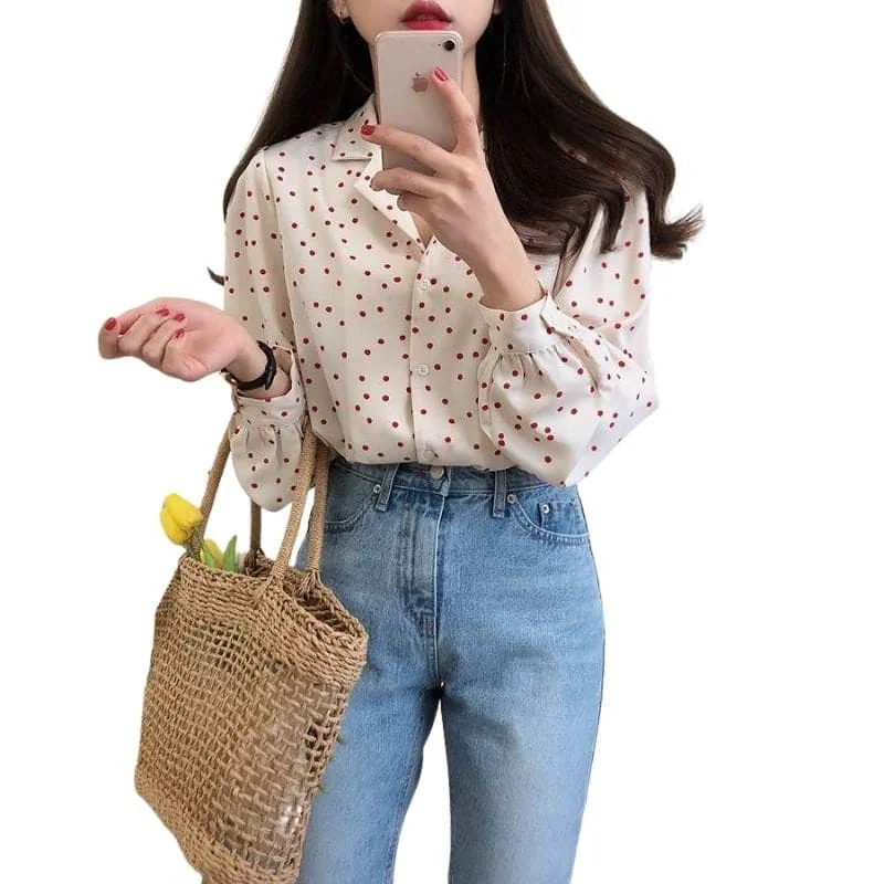 WTS Women's Fashion Stylish Long Sleeve Polka Dots Blouse Lightweight Tunic Blouse