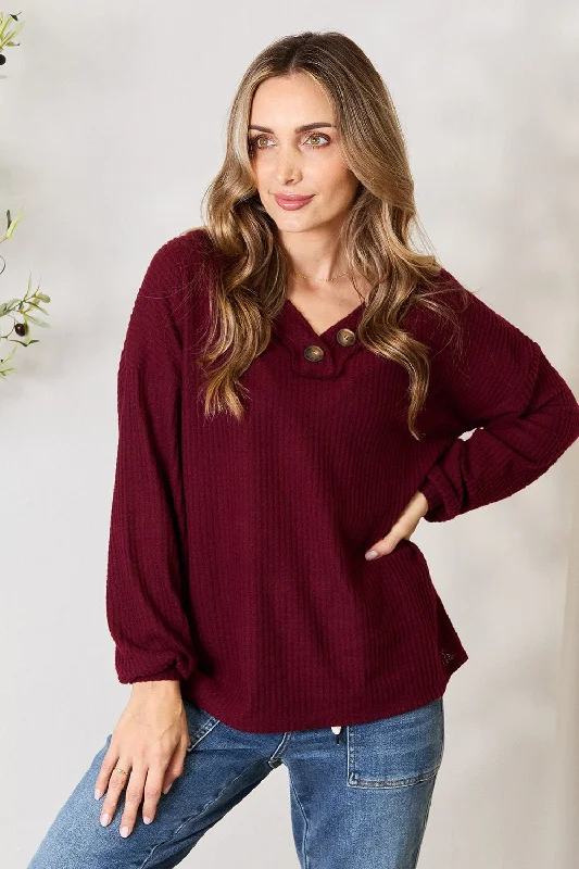 Zenana Buttoned V-Neck Long Sleeve Blouse Double Button Blouse