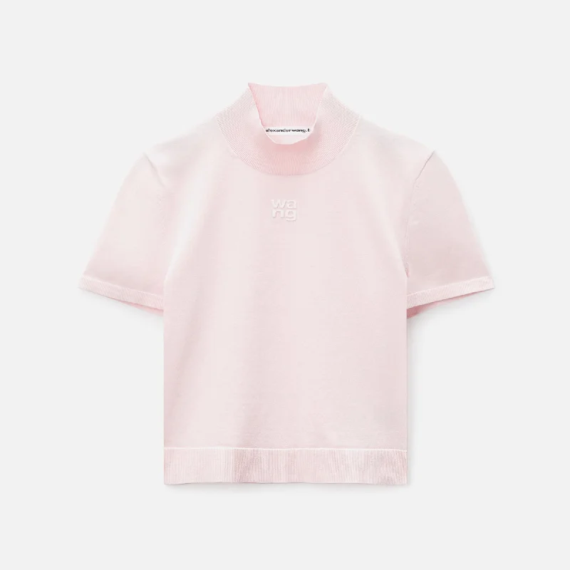 T by Alexander Wang Mock Neck Tee - Pink Seamless Knitted Crochet