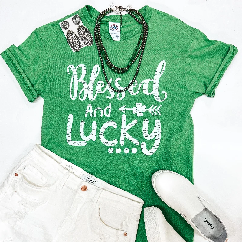 Last Chance Size Small | Blessed and Lucky Short Sleeve Graphic Tee in Green Collared Crew Neck Turtle Neck