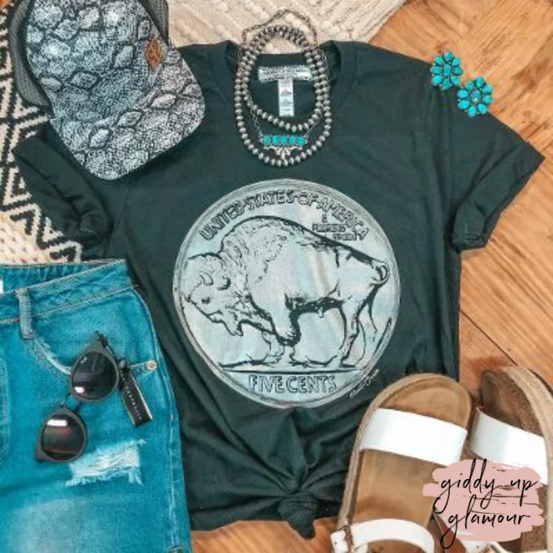 Last Chance Size Small | Free to Wander Buffalo Nickle Western Graphic Tee in Black Front Pockets Side Pockets Patch Pockets