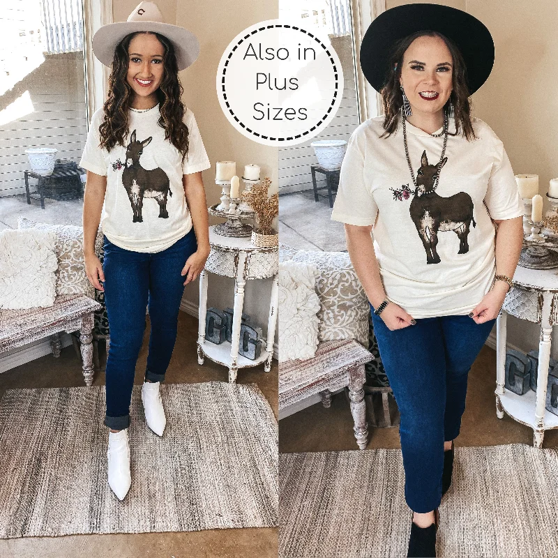 Bouquet Burro Graphic Tee with Pink Crystal Accents in Ivory Elegant Classic Vintage