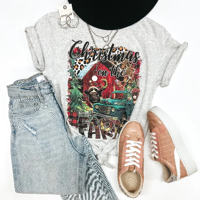 Last Chance Size Small | Christmas On the Farm Short Sleeve Graphic Tee in Light Heather Grey Welt Pockets Slit Pockets