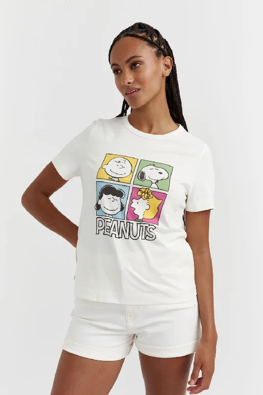 Cream Cotton Peanuts Gang T-shirt Hooded Caped Shawl Collar