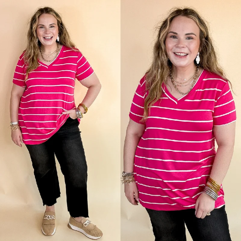 Keep Things Casual Striped V Neck Tee in Fuchsia Collared Crew Neck Turtle Neck