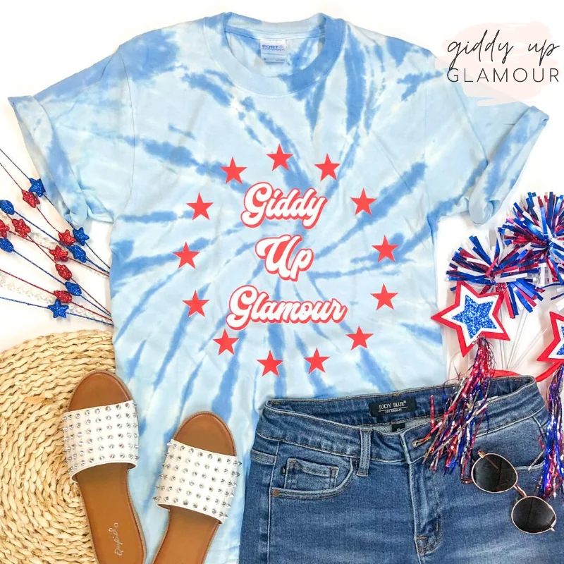 Giddy Up Glamour Tie Dye Graphic Logo Tee in Red and Blue Real Fur Shearling Chenille