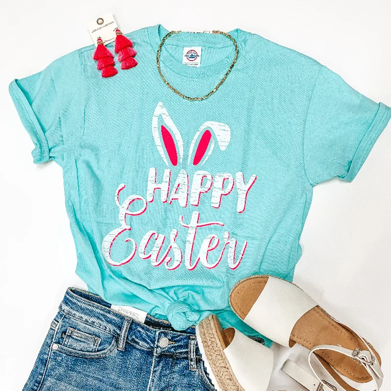 Happy Easter Bunny Ears Graphic Tee in Neon Mint V-Neck T-Shirt Long Sleeve Cotton