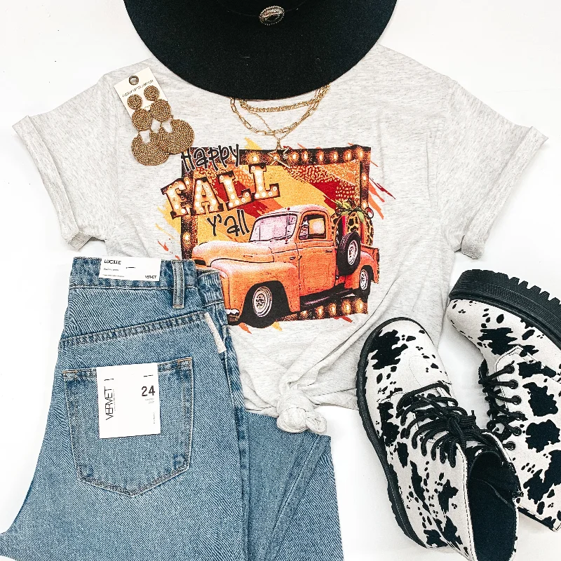 Last Chance Size Small| Happy Fall Y'all Vintage Short Sleeve Graphic Tee in Light Heather Grey Wool Fabric Cashmere Fabric Tweed Fabric