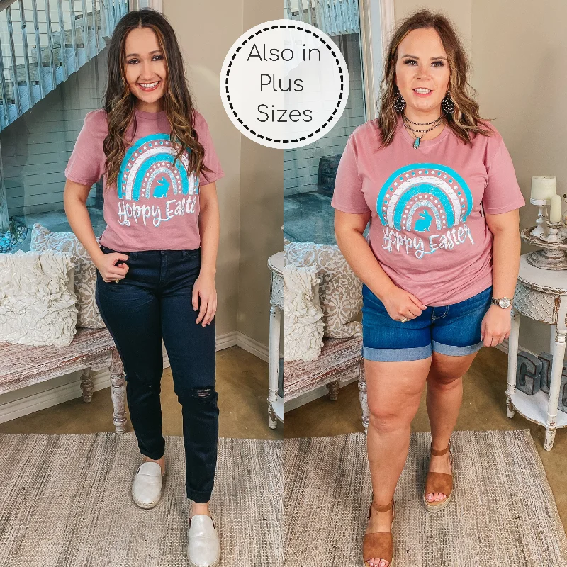Hoppy Easter Rainbow Short Sleeve Graphic Tee in Mauve Pink Notch Collar Peter Pan Collar Cowl Neck