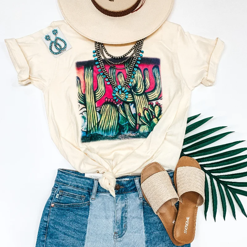 Paint Me in Palm Springs Short Sleeve Airbrush Cactus Graphic Tee in Ivory Notch Collar Peter Pan Collar Cowl Neck
