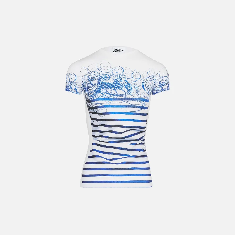Jean Paul Gaultier Marinière Calligraphy Printed Spandex Tee - White / Navy Jersey Fabric Tulle Fabric Batik Fabric