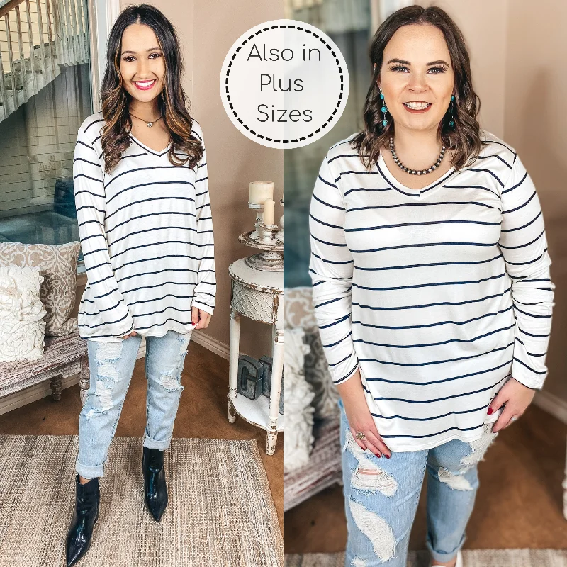 Keep Things Casual Long Sleeve Striped V Neck Tee in Ivory Anti-Shrink Durable Soft