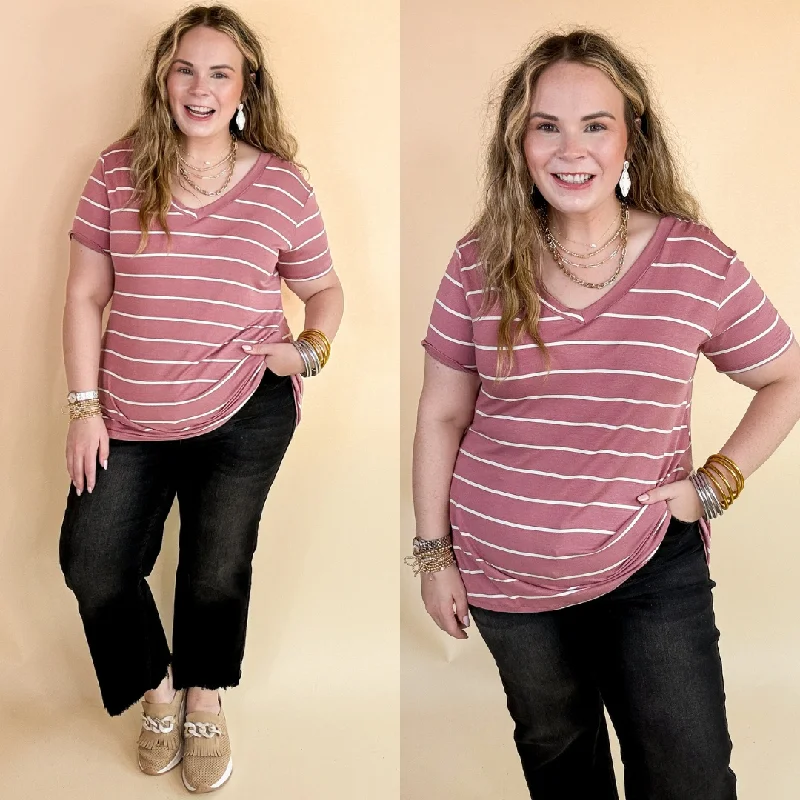 Keep Things Casual Striped V Neck Tee in Mauve Mesh Blend Leather Blend Suede Blend