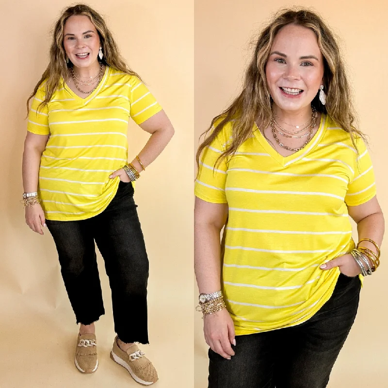 Keep Things Casual Striped V Neck Tee in Yellow Chenille Blend Fleece Blend Nylon Blend
