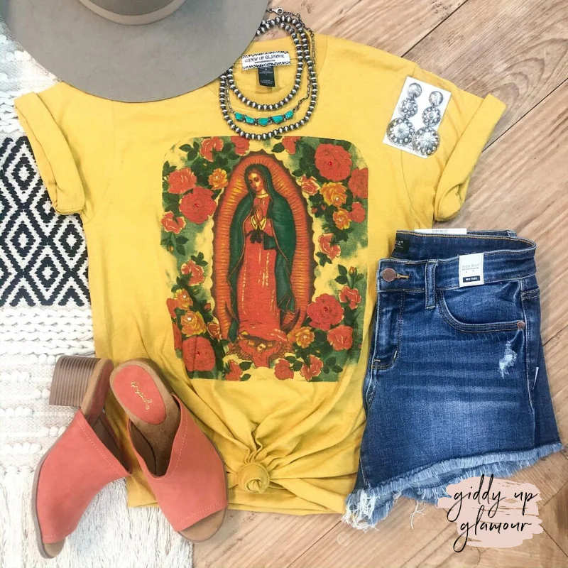 Lady of Guadalupe Floral Graphic Tee with Crystals in Mustard Yellow Mesh Fabric Canvas Fabric Denim Fabric