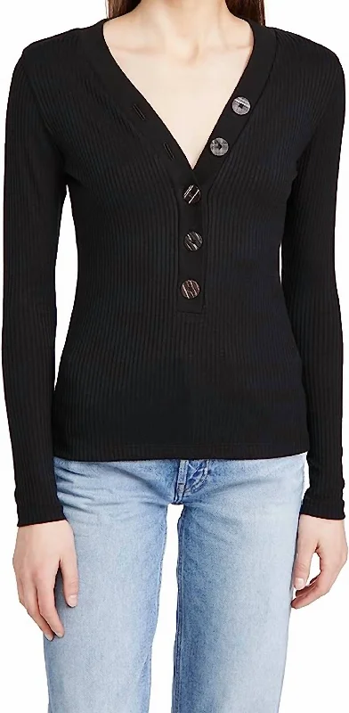 Long Sleeve Rib Tee In Black Cashmere Blend Cotton Blend Poly Blend