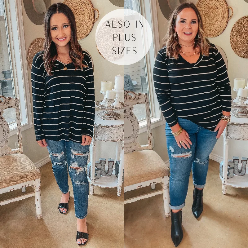 Keep Things Casual Long Sleeve Striped V Neck Tee in Black Spandex Blend Rayon Blend Denim Blend