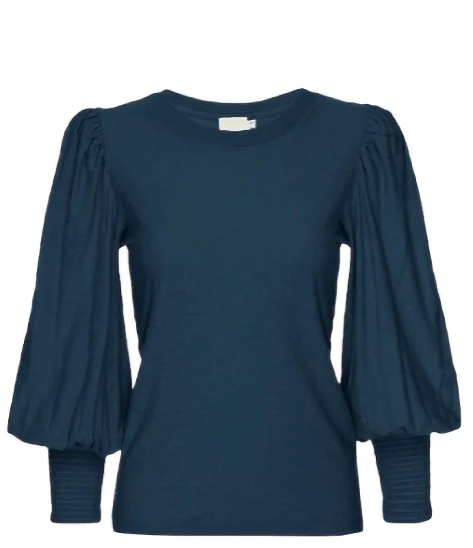 Loren Smocked Peasant Tee In Azure Green Hooded Caped Shawl Collar