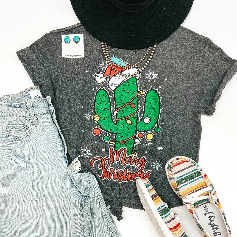 Last Chance Size Small | Merry Christmas Cactus Tree Short Sleeve Graphic Tee in Charcoal Heather Grey Fitted T-Shirt Seamless Stretchy