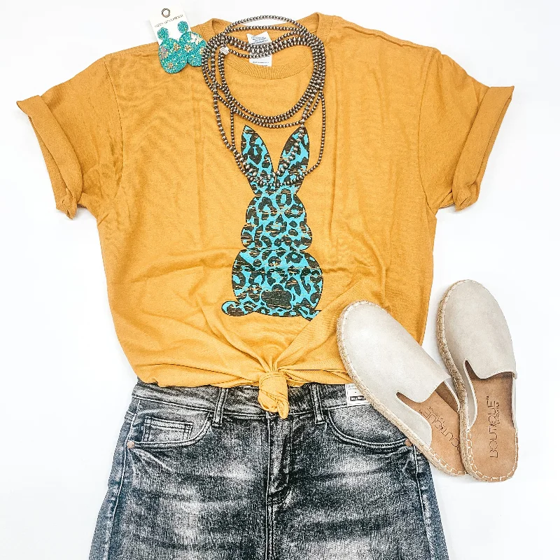 Last Chance Size Small | The Bunny Hop Mint Leopard Bunny Short Sleeve Graphic Tee in Mustard Fitted T-Shirt Seamless Stretchy