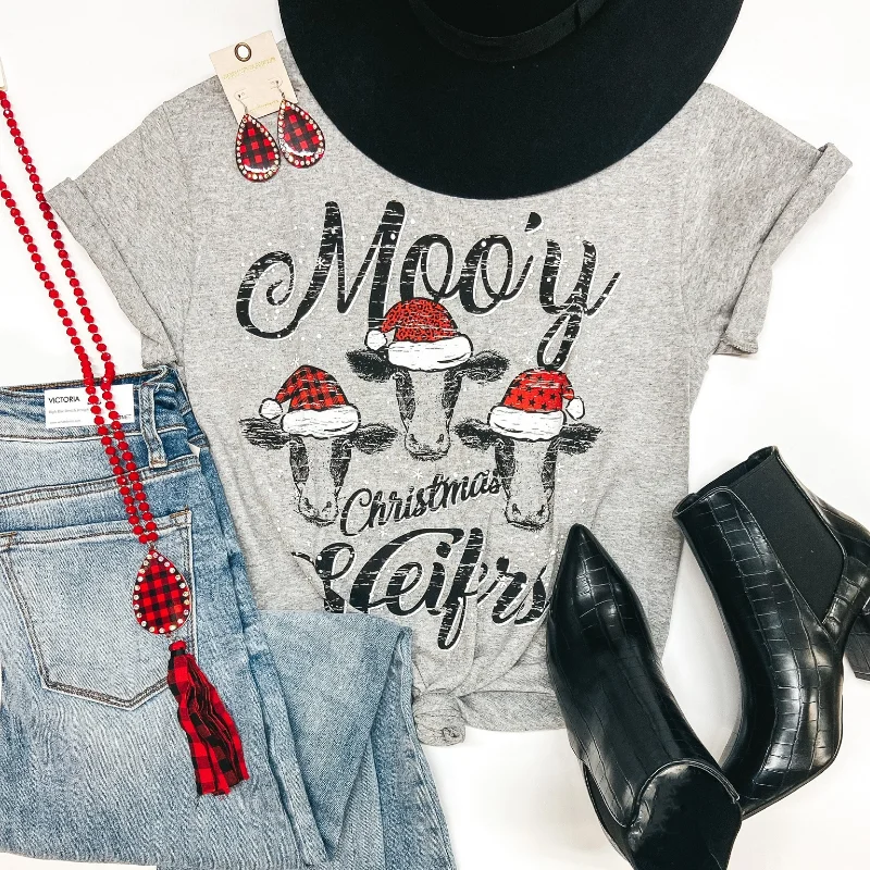 Moo'y Christmas Heifers Short Sleeve Graphic Tee in Heather Grey Lace Blend Ribbed Blend Corduroy Blend