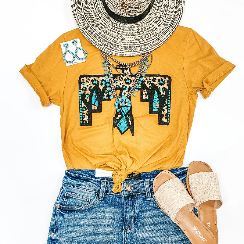 Cherokee Hills Turquoise Leopard Thunderbird Short Sleeve Graphic Tee in Mustard Yellow Modern Contemporary Chic