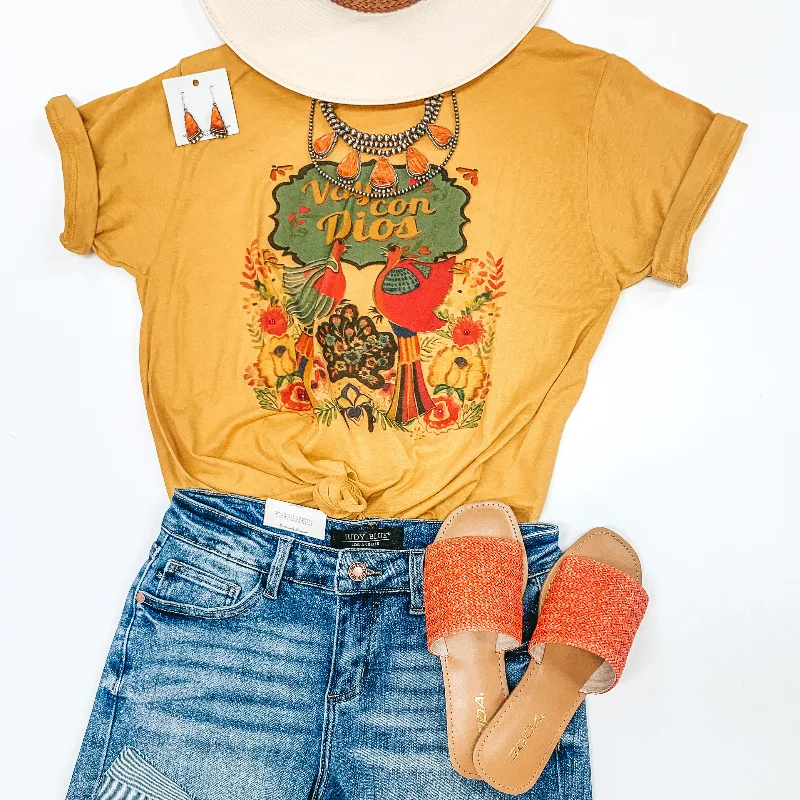 Vaya Con Dios Short Sleeve Floral Graphic Tee in Mustard Yellow Handmade Hand-knitted Hand-woven