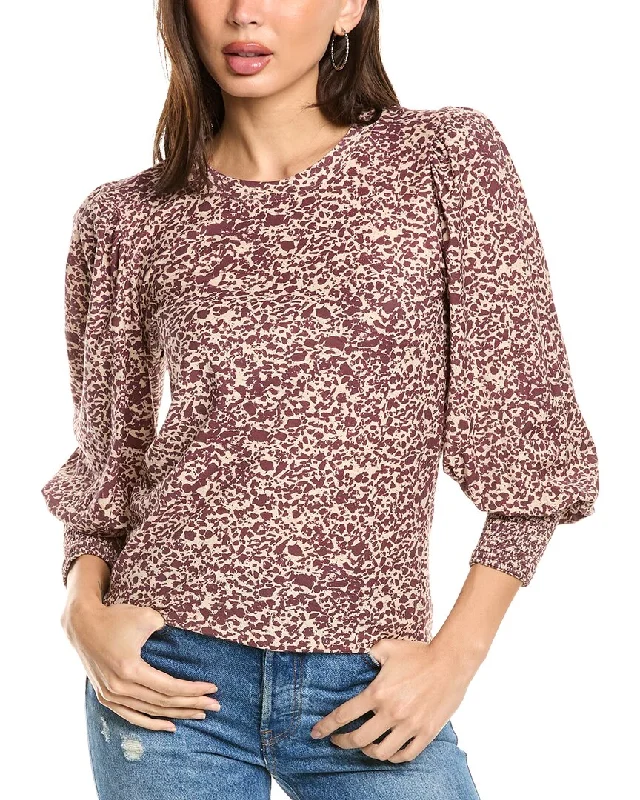 Nation LTD Loren Smocked Peasant T-Shirt Embroidered Appliqued Beaded