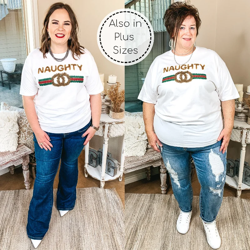 Naughty Gold Tinsel Graphic Tee in White Asymmetrical Pockets Print