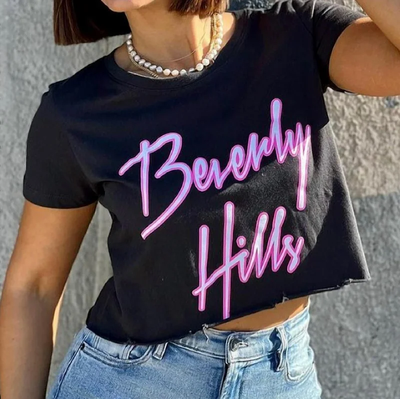 Neon Cropped Tee In Black Chenille Blend Fleece Blend Nylon Blend