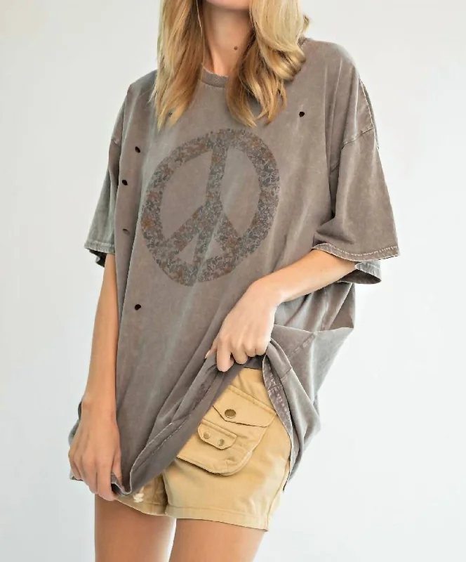 Peace Sign Printed Washed Tee In Sand Welt Pockets Slit Pockets Flap Pockets