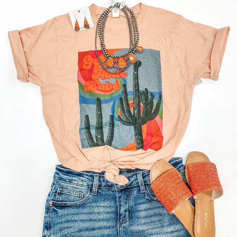 Golden Hour Babe Short Sleeve Saguaro Graphic Tee in Peach Pink Graphic Embroidered Appliqued