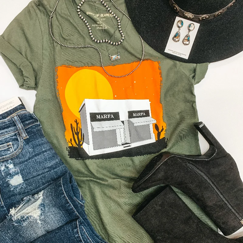 Last Chance Size XL & 2XL | Sunsets at Prada Marfa V Neck Graphic Tee in Olive Green Zippered Front Buttoned Front Snap Front
