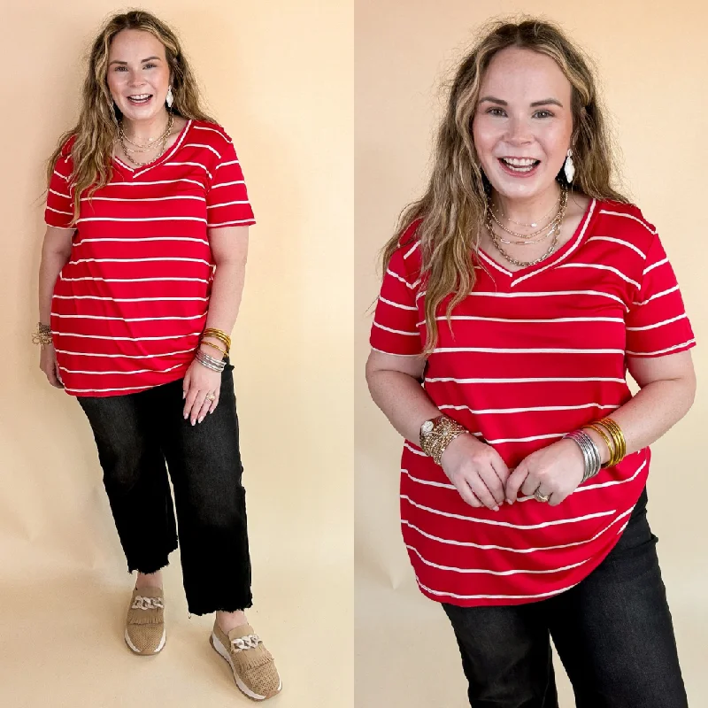 Keep Things Casual Striped V Neck Tee in Red Notch Collar Peter Pan Collar Cowl Neck