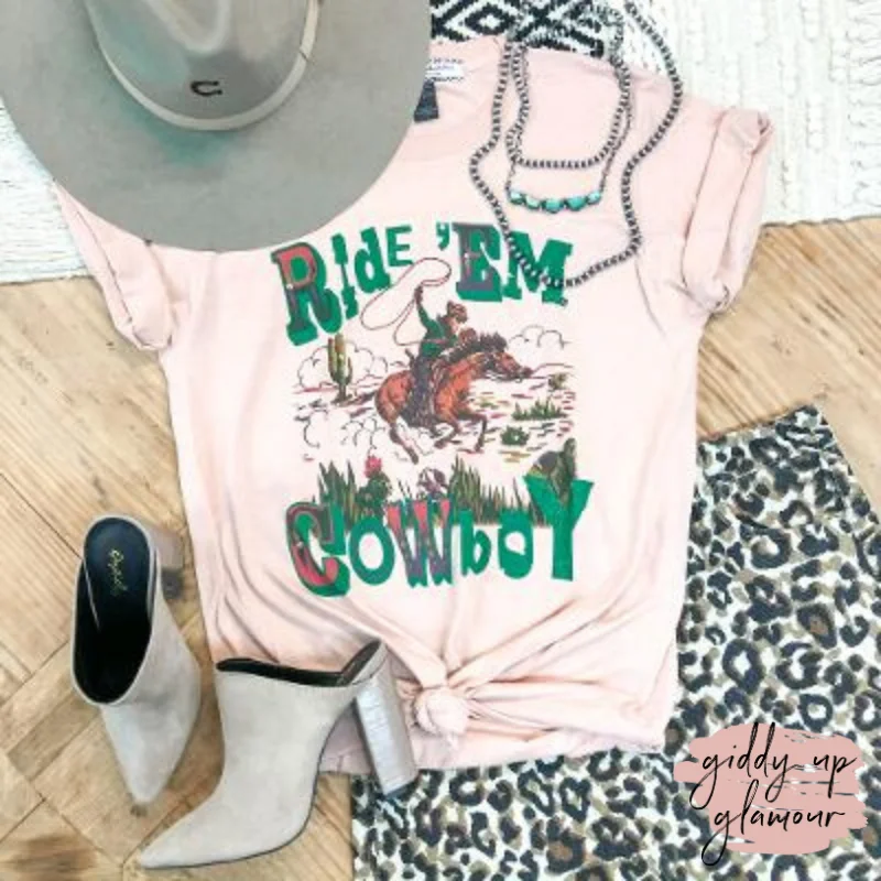 Ride 'Em Cowboy Western Graphic Tee in Peach Nylon Fabric Polyester Fabric Spandex Fabric