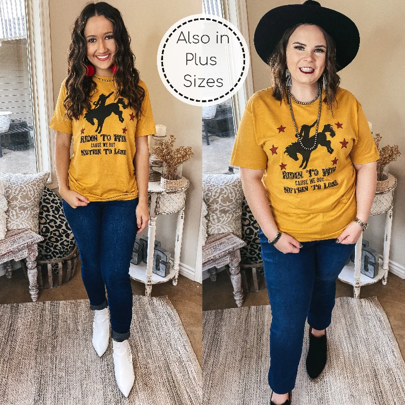 Ridin' To Win Bucking Horse Graphic Tee with Red Stars in Mustard Yellow Hooded Caped Shawl Collar