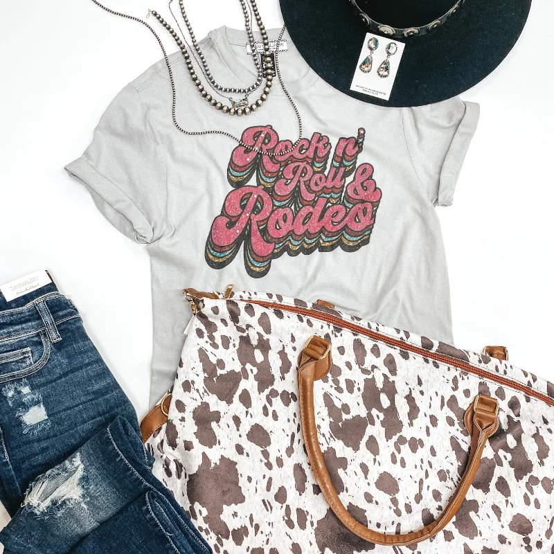 Last Chance Size 2XL | Rock N' Roll & Rodeo Retro Print Graphic Tee in Grey Oversized T-Shirt Spandex breathable