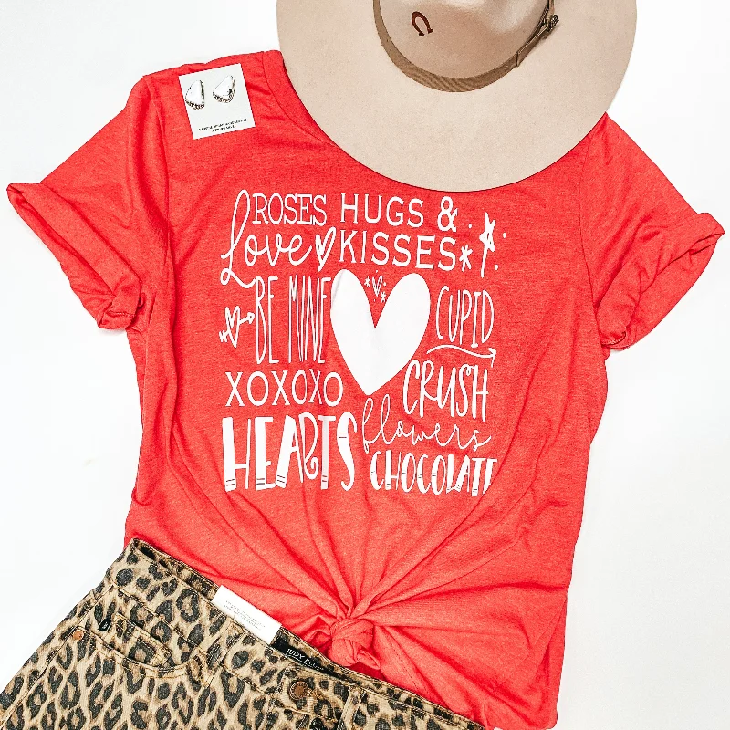 Roses, Hugs, & Kisses Crew Neck Graphic Tee in Heather Red Striped Floral Plaid