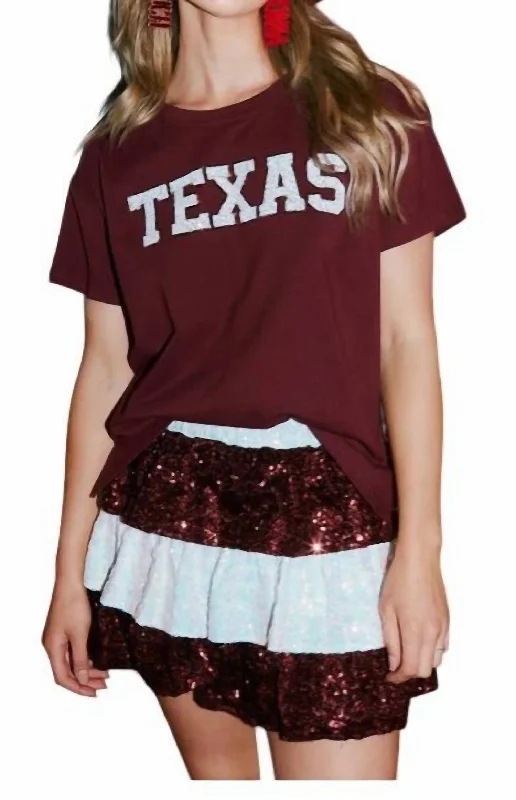 Sequin Texas Stars & Fringe T-Shirt In Maroon Polka Dot Checkered Tartan