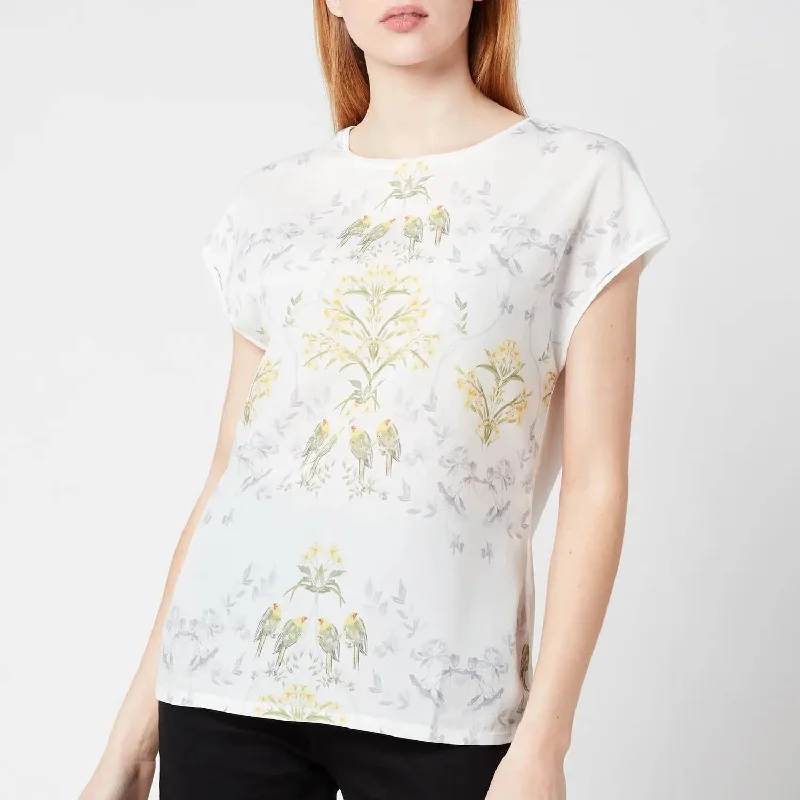 Sonjja Papyrus Printed Woven Front T-Shirt in White/Yellow Real Fur Shearling Chenille
