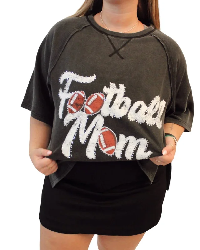 Sports Mom Rhinestone Oversized Tee Top In Football - Charcoal Rayon Fabric Velvet Fabric Corduroy Fabric