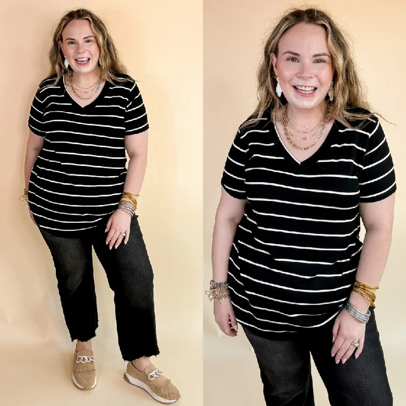 Keep Things Casual Striped V Neck Tee in Black Lace Blend Ribbed Blend Corduroy Blend