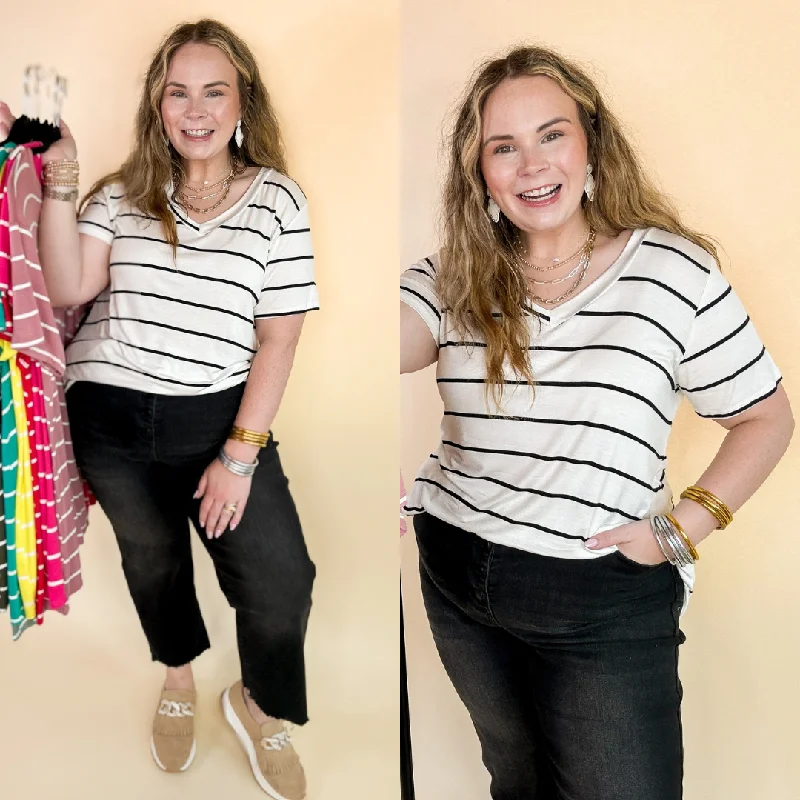 Keep Things Casual Striped V Neck Tee in Ivory Silk Blend Satin Velvet