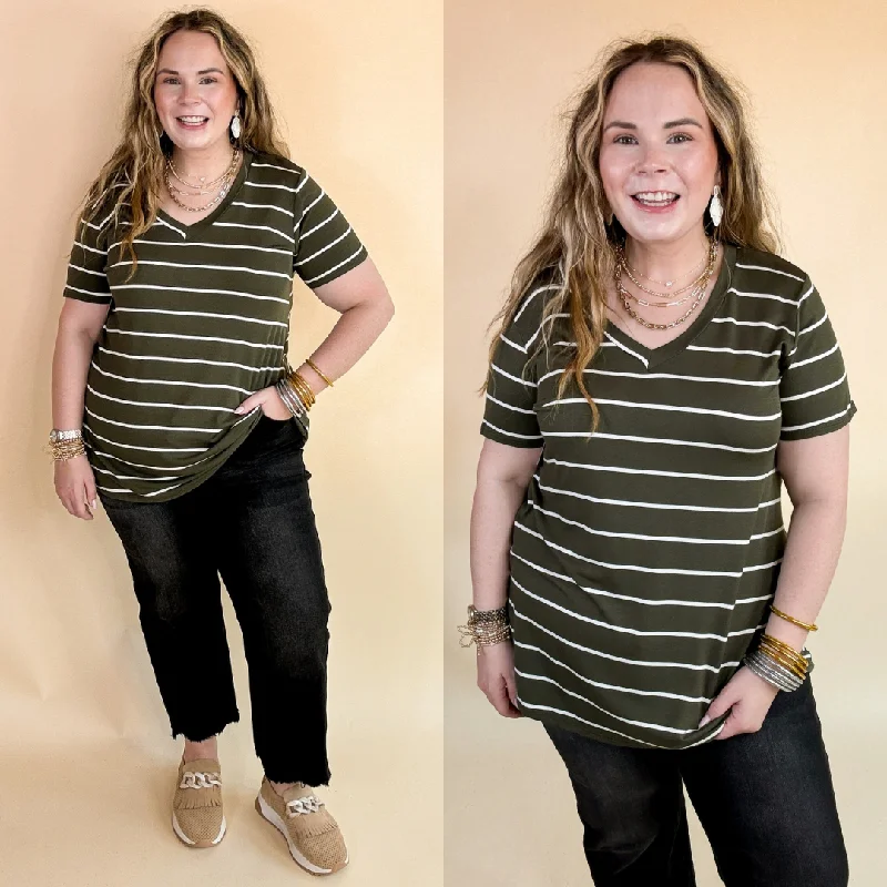 Last Chance Size Small & Medium | Keep Things Casual Striped V Neck Tee in Olive Green Asymmetrical Pockets Print