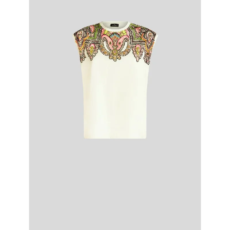 T-shirt With Placed Paisley Borders Zippered Buttoned Snapped