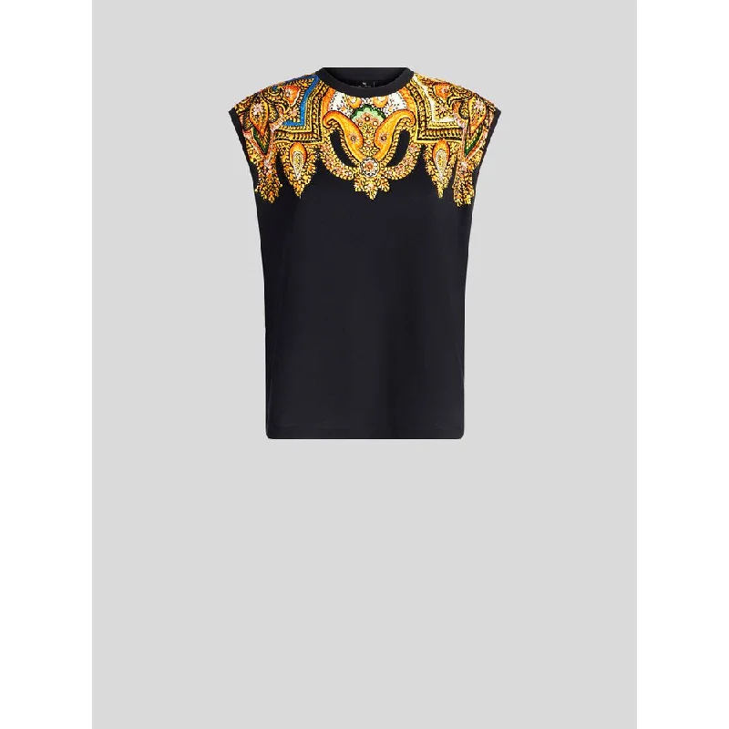 T-shirt With Placed Paisley Borders Rayon Velvet Corduroy