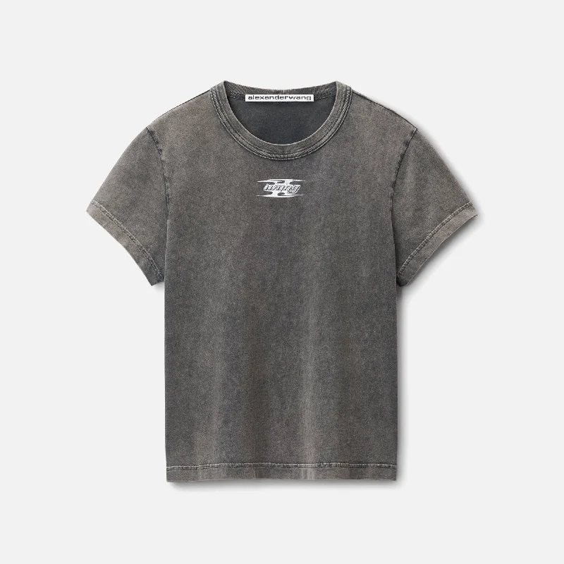 T by Alexander Wang Shrunken Tee with Blade Logo - Grey Houndstooth Herringbone Solid